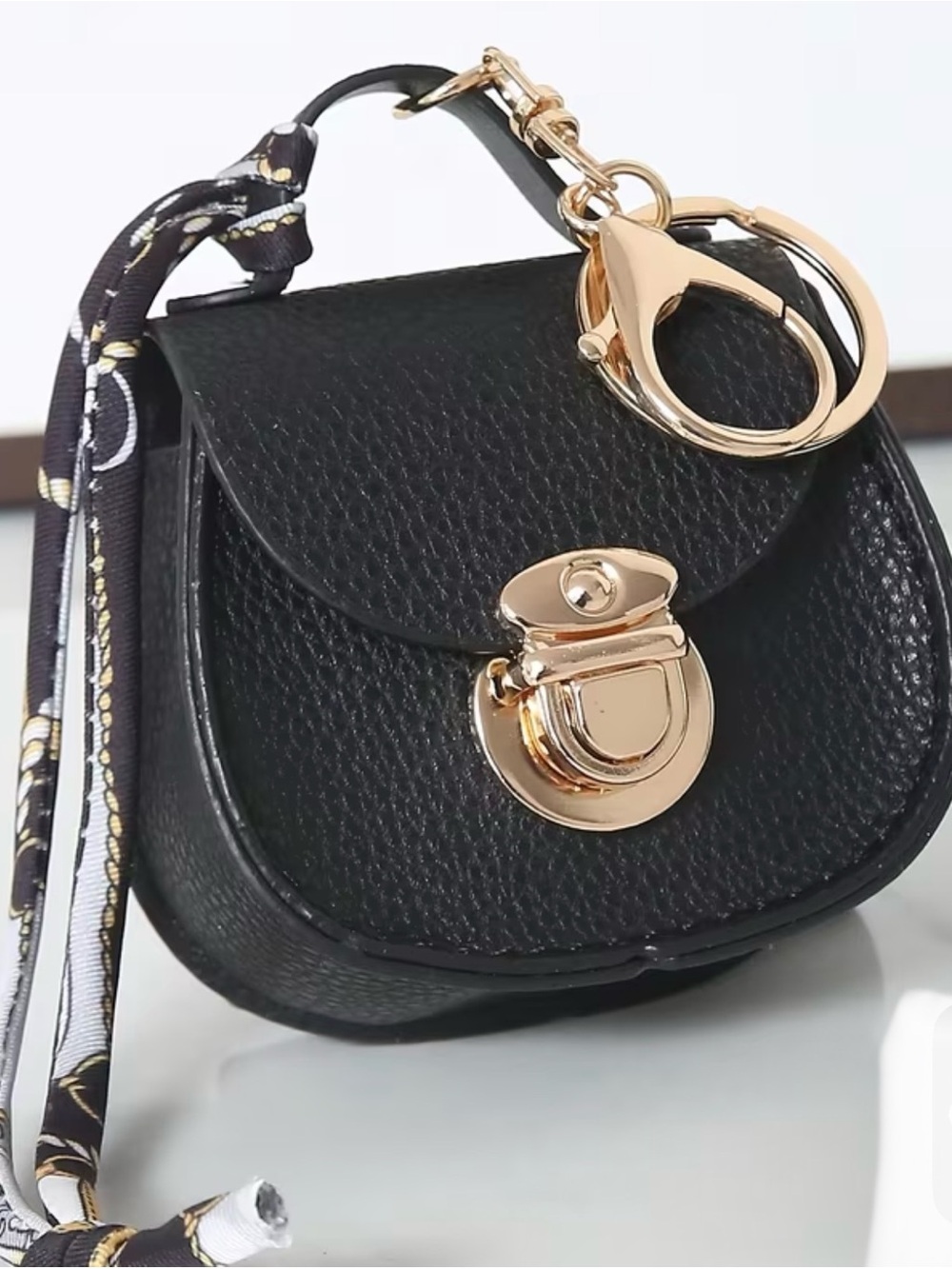 NWT Black Pebbled Mini Saddle Bag Charm Keychain with Twilly Scarf
